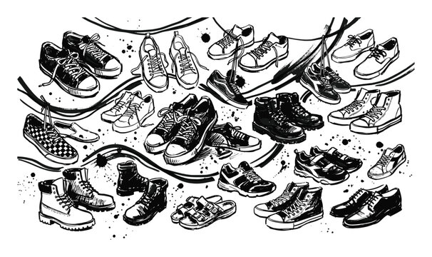 Various hand-drawn black and white shoes and boots are scattered across a with ink splatters