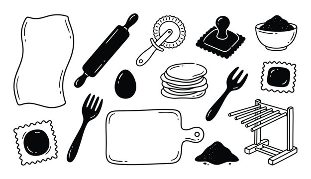 Collection of hand-drawn black and white pasta making tools and ingredients
