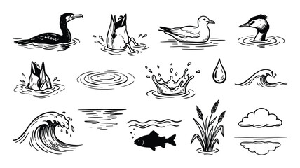 Fototapeta premium Collection of hand-drawn black and white illustrations depicting various water elements, birds, and nature