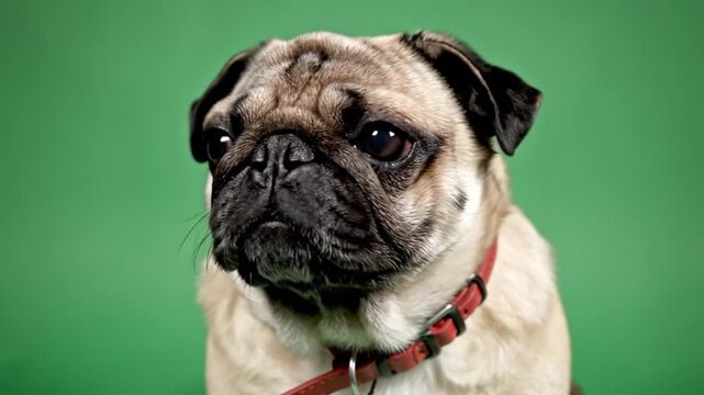 Close up portrait of a cute pug dog on a green screen background.