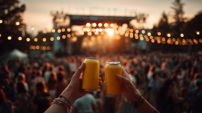 Friends toasting beer cans at outdoor music festival during sunset with crowd and stage lights in background