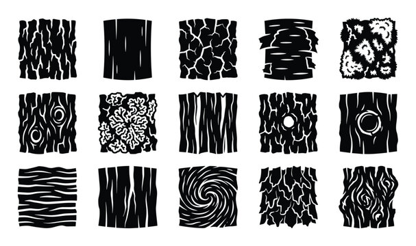 Collection of diverse black and white tree bark textures and wood grain patterns