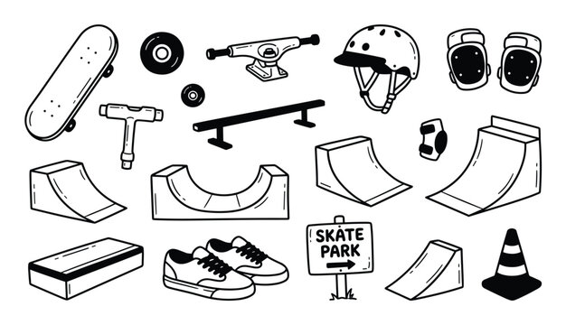 Comprehensive collection of hand-drawn skateboard equipment and skate park elements in black and white