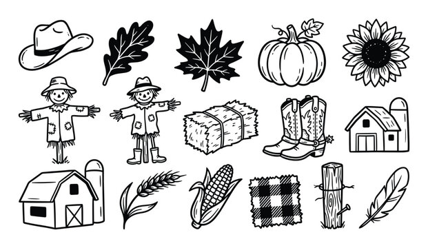 Collection of hand-drawn black and white farm and autumn themed doodles, including scarecrows, pumpkins, and barns