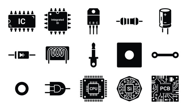 Collection of various black electronic components and circuit board icons arranged neatly