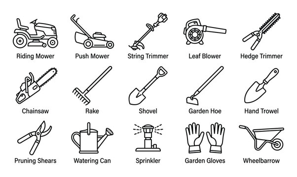Comprehensive collection of fifteen outline icons representing various gardening and lawn care tools