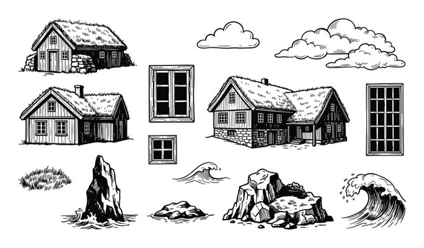 Various hand-drawn black and white elements including traditional houses with sod roofs, windows, clouds, rocks, and ocean waves
