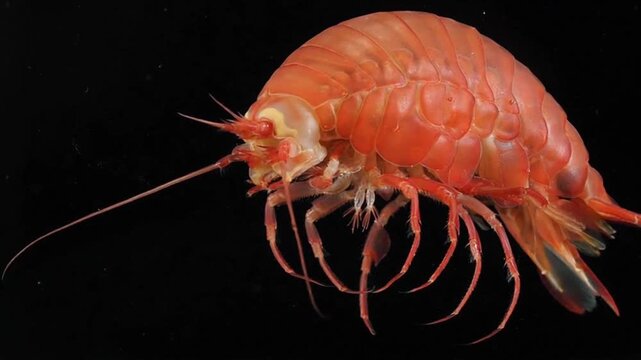 Close-Up Macro of a Red Deep-Sea Amphipod Against a Black Background
