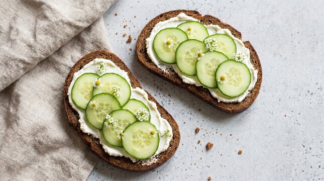 Healthy Rye Bread Toast with Cream Cheese and Cucumber Slices