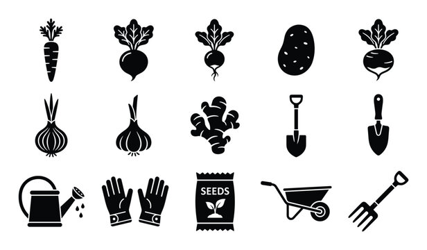 Collection of black silhouette icons depicting various garden vegetables and essential gardening tools