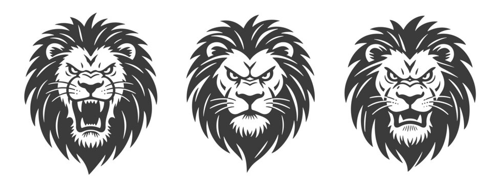 Angry lion heads set, vintage monochrome engraving vector illustration for mascot or heraldic logo design