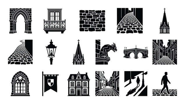 Collection of black and white vector icons representing various medieval and gothic architectural elements and street scenes