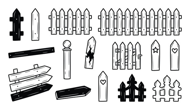 Collection of various hand-drawn wooden fence elements, including pickets, gates, posts, and signs, presented as black and white line art