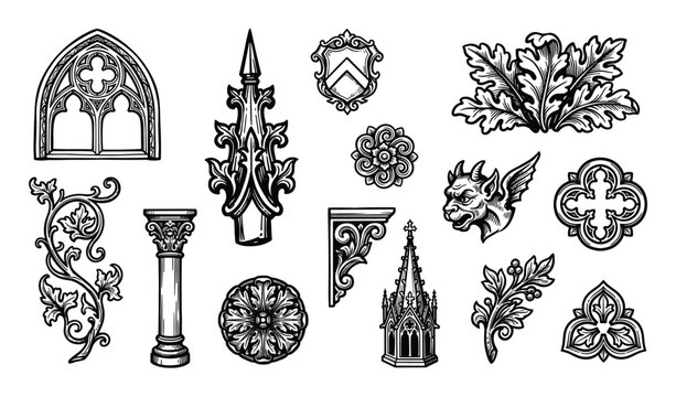 Collection of various gothic architectural elements and decorative ornaments in black and white line art style