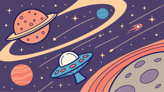 Retro Flat Design Space Illustration Featuring UFO Flying Between Colorful Planets and Stars