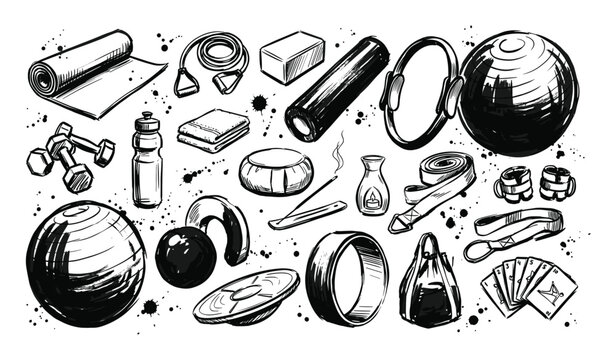 Collection of hand-drawn fitness and yoga equipment in a black and white sketch style with ink splatters