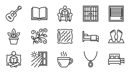 Fototapeta premium Collection of simple black outline icons representing various elements of home life and relaxation