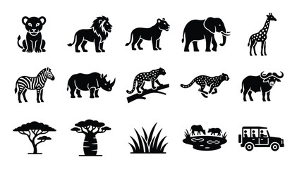Naklejka premium Collection of black silhouette safari animals and elements, including lions, elephants, giraffes, zebras, and trees, arranged
