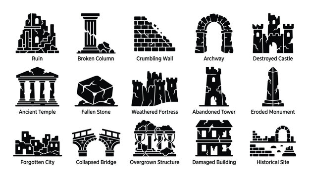 Collection of various ancient ruins and weathered structures depicted as black silhouette icons
