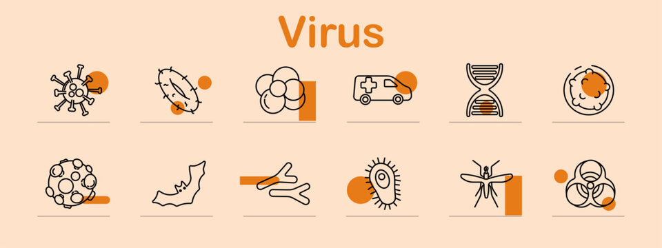 Virus set icon. Line collection with virus shape, bacteria, cells cluster, ambulance, dna helix, microbe plate, infection circle, map outline, molecule branch, germ cell, mosquito, biohazard
