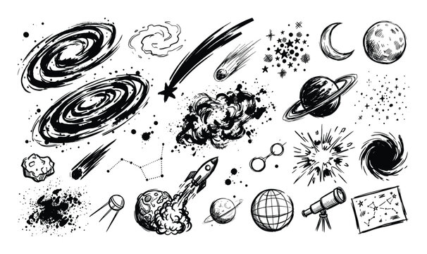 Comprehensive collection of hand-drawn space elements in black and white, featuring planets, rockets, stars, and galaxies