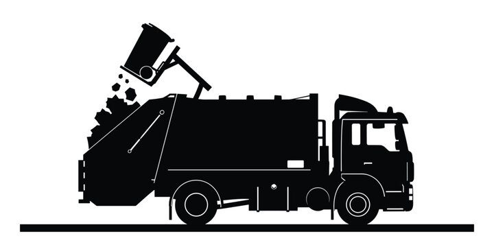Garbage truck lifting waste container for recycling and disposal in silhouette graphic art.