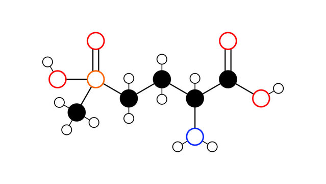 glufosinate-p molecule, structural chemical formula, ball-and-stick model, isolated image herbicide active enantiomer