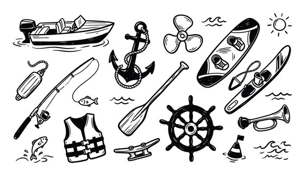 Collection of hand-drawn black and white nautical and water sports items, including a boat, anchor, fishing rod, and life vest