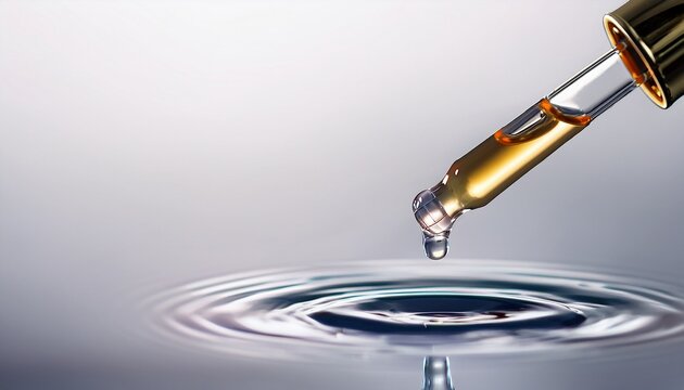 glass pipette with serum drop on light background