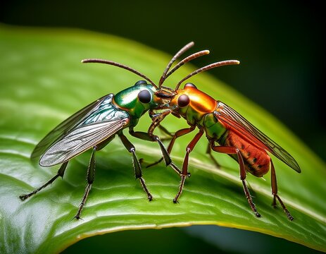 mating insects on green leaf macro