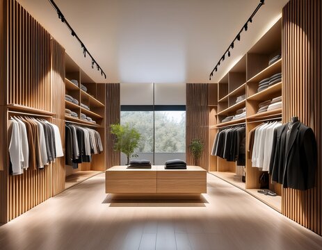 modern minimalist clothing store design blending natural wood aesthetics with urban chic