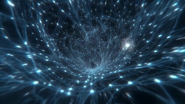 Glowing data threads forming a swirling tunnel in abstract digital style on dark background, concept of connectivity and flow