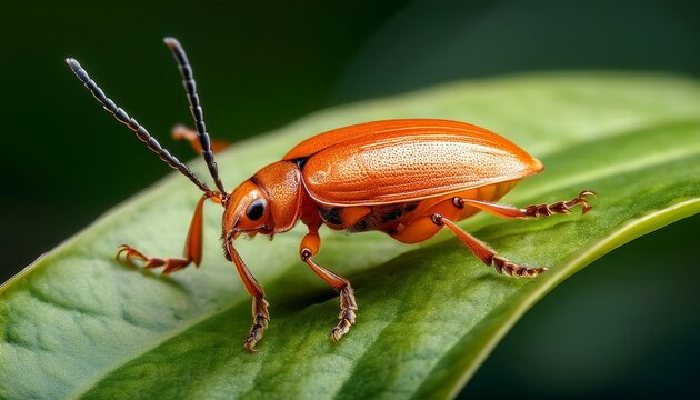 side view of orange leaf beetle on green leaf