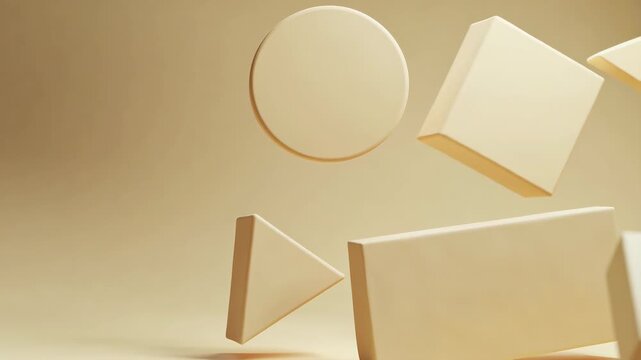 Floating beige geometric forms in a clean minimalistic style on a soft neutral backdrop, modern abstraction