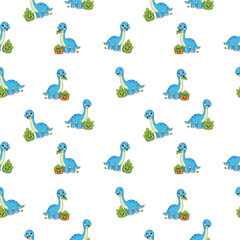 seamless pattern featuring adorable long neck diplodocus dinosaurs in a light playful repeat © annang