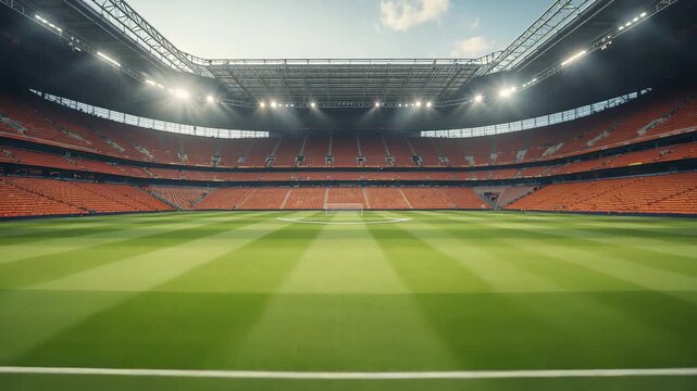 Empty green grass soccer field pitch in vast modern stadium with red seating tiers and bright floodlights under sky
