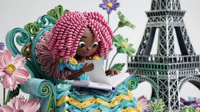 Whimsical pink-haired doll in turquoise dress sits among flowers and stones with Eiffel Tower backdrop in a miniature Paris garden scene