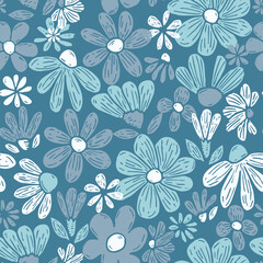 Fototapeta premium A seamless repeating pattern featuring hand-drawn floral elements in calming blue and teal tones on a muted background. Modern, minimalist design showcases stylized flowers.