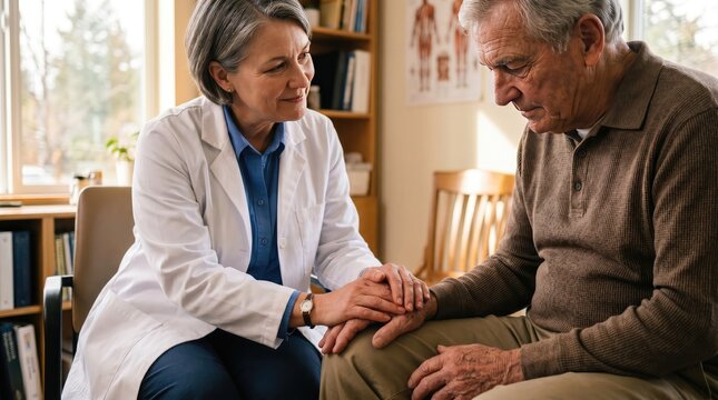 Female doctor holding hand of senior man patient for care compassion and healthcare support in clinical office