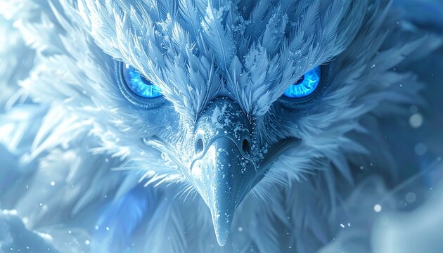 Majestic Ice Phoenix with Glowing Blue Eyes and Frosted Feathers