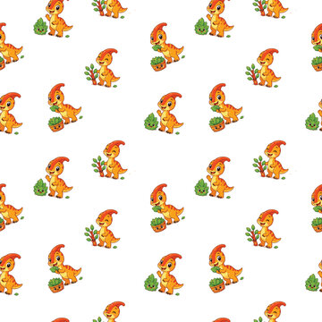 seamless pattern featuring cheerful orange parasaurolophus dinosaurs with a fun kids style