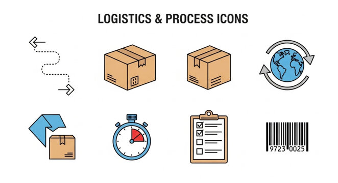 Logistics and process icons set for delivery and shipping services.
