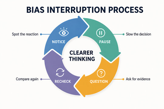 This infographic illustrates the Bias Interruption Process, a method for slowing down decision-making by questioning assumptions and seeking evidence.