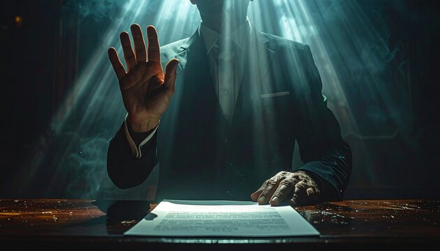 Businessman making stop gesture over document in dramatic light
