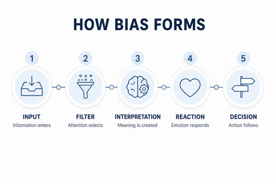 This graphic illustrates how bias develops through a sequence of cognitive processes: input, filtering based on attention, interpretation creating meaning, emotional response, and finally, action driv