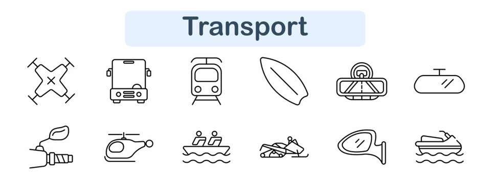Transport set icon. Drone quadcopter, bus vehicle, train front, surfboard, rearview mirror camera, mirror, electric plug cable, helicopter, passenger boat, jet ski, side mirror, water scooter.