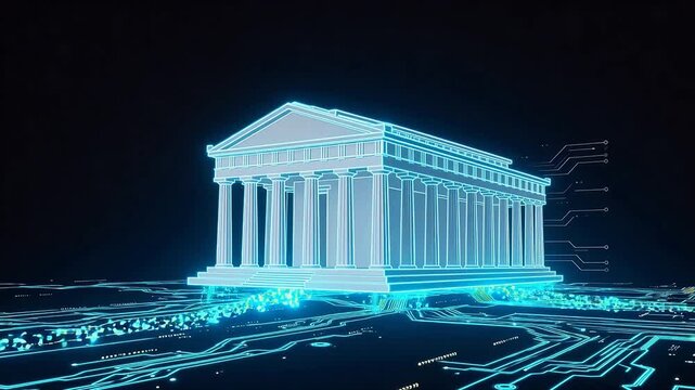 Neon outline of ancient temple on circuit board