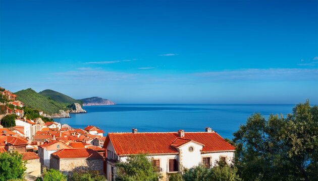 beautiful landscape with the village on a sea shore tile roofs against the blue calm sea