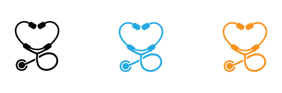 Stethoscope heart icons in black, Blue, And orange on white background for healthcare concepts