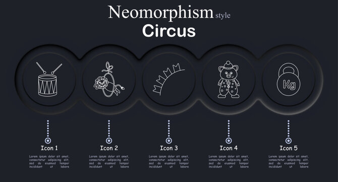 Circus set icon. Neomorphic dark interface circles with line symbols of drum percussion sticks, acrobat hoop act, crown headpiece costume, teddy performer doll, kettlebell weight prop